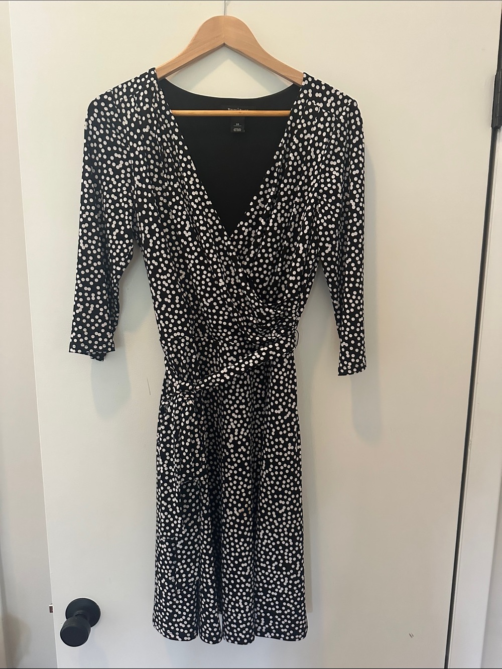 White House Black Market Black & White Polka Dot Wrap Midi Dress with Tie Waist